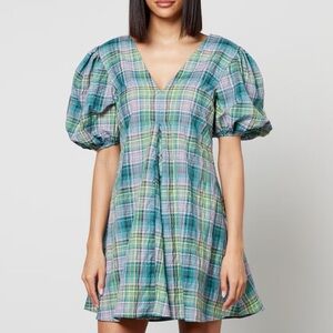 Ganni Seersucker Check V-Neck Dress